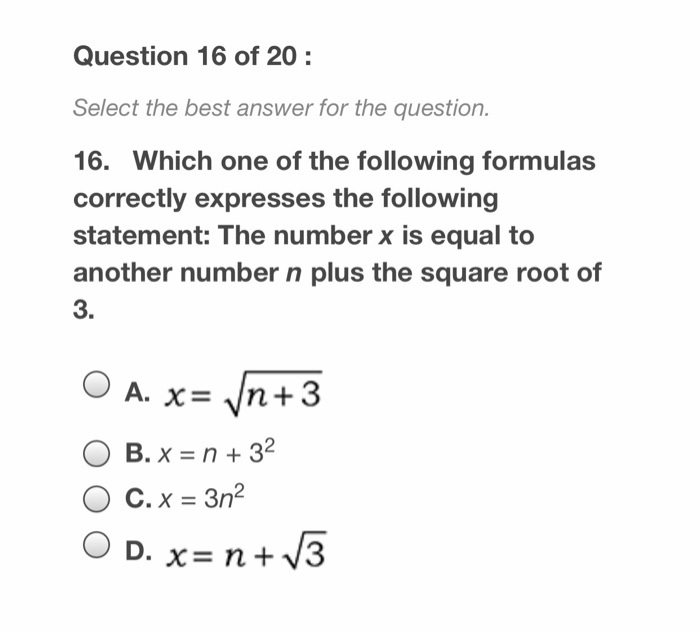 Solved Question 16 Of 20 Select The Best Answer For The | Chegg.com