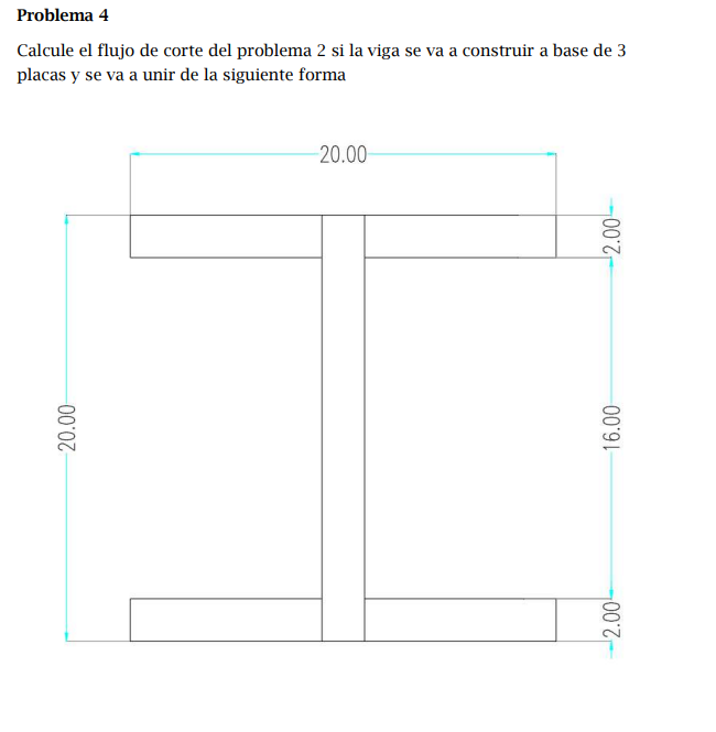 Calcule el flujo de corte del problema 2 si la viga se va a construir a base de 3 placas v se va a unir de la siguiente forma