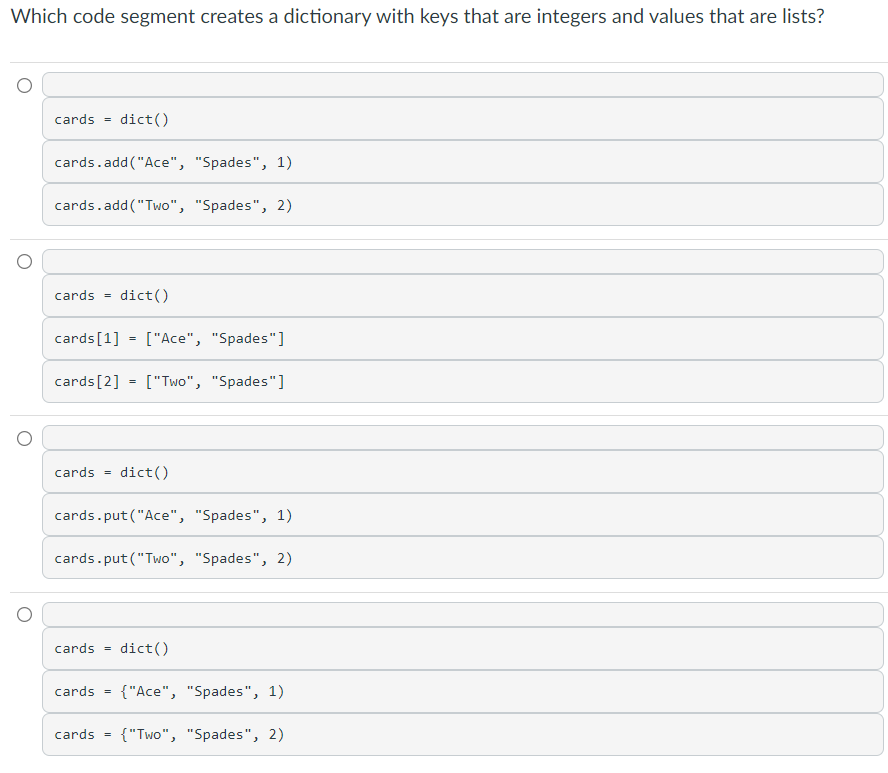 Solved Which code segment creates a dictionary with keys | Chegg.com