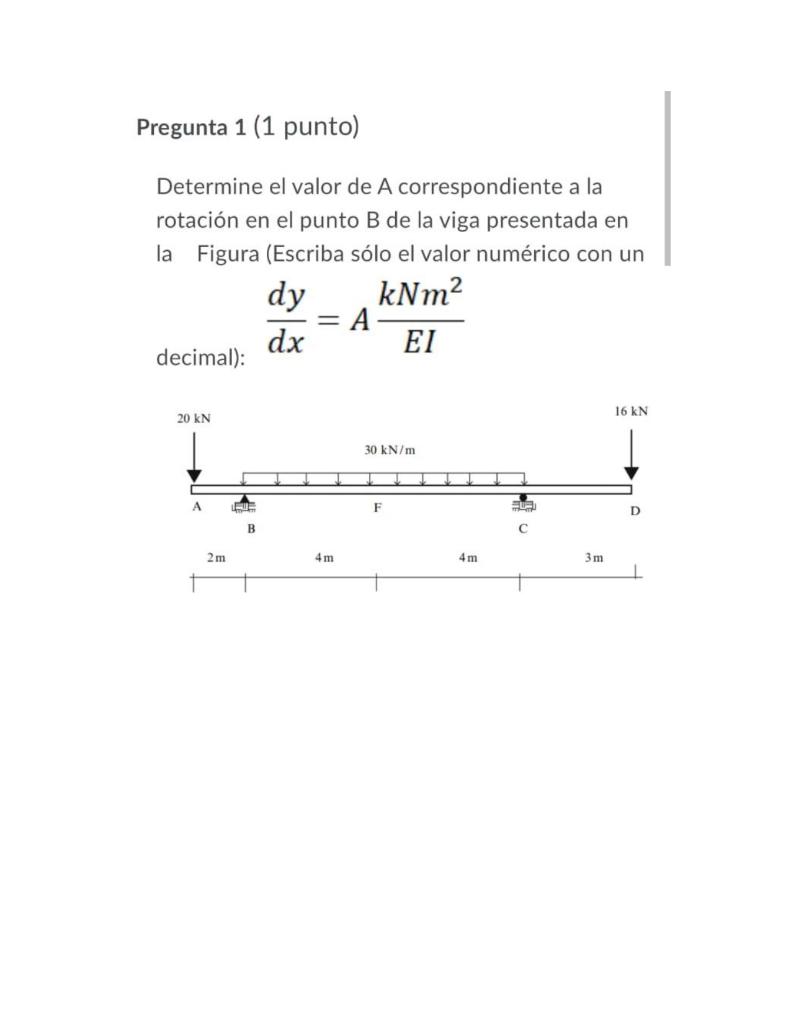 Pregunta 1 (1 punto) Determine el valor de A correspondiente a la rotación en el punto B de la viga presentada en la Figura (