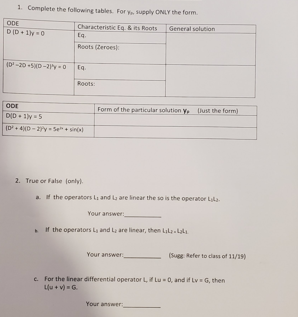 Solved 1 Complete The Following Tables For Yp Supply O Chegg Com