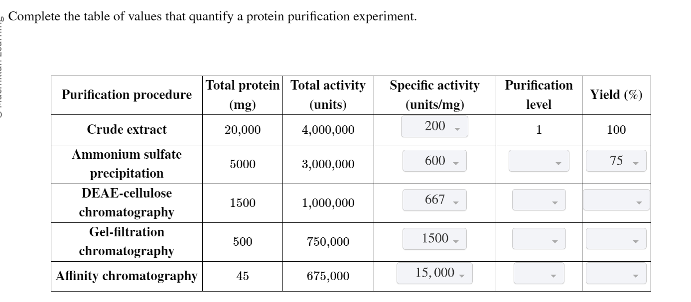 Solved Complete The Table Of Values That Quantify A Protein Chegg Com