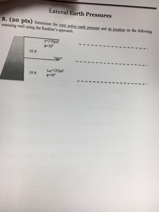 Solved Lateral Earth Pressures 8. (20 pts) Determine the | Chegg.com