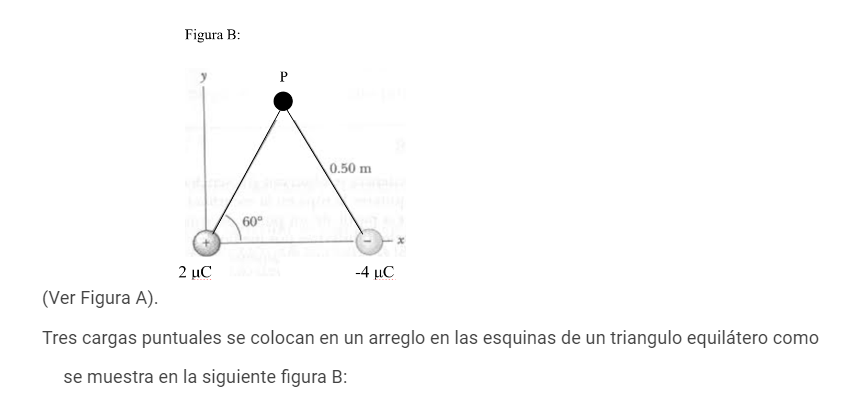 Figura B: (Ver Figura A). Tres cargas puntuales se colocan en un arreglo en las esquinas de un triangulo equilátero como se m