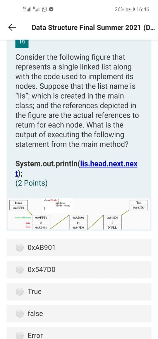 Solved 26% 16:46 Data Structure Final Summer 2021 (D... 16 | Chegg.com