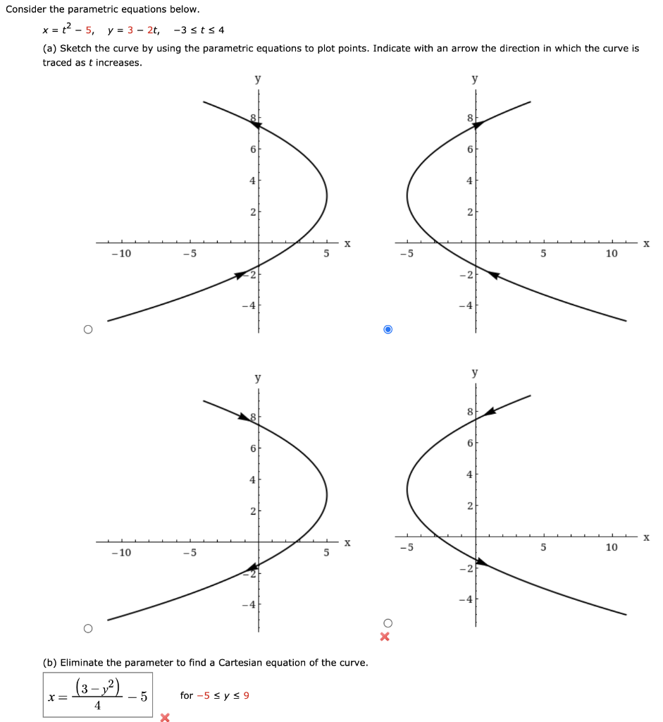 Solved Consider the parametric equations below. x = +2 - 5, | Chegg.com