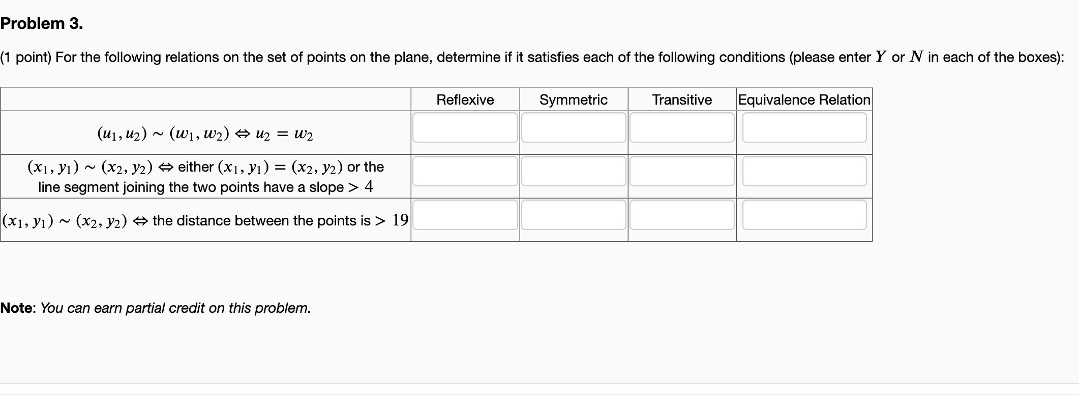 Solved Problem 3. (1 point) For the following relations on