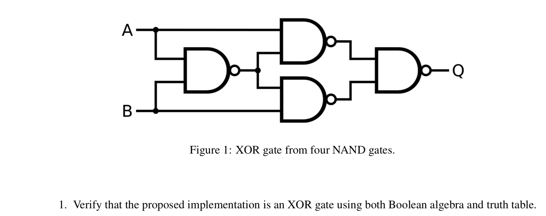 Solved DIBLE D. Figure 1: XOR gate from four NAND gates. 1. | Chegg.com