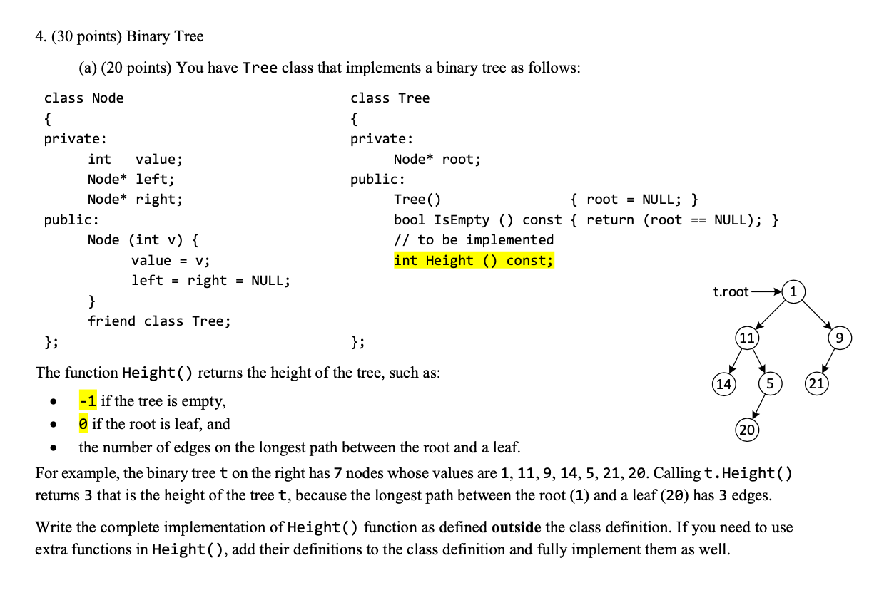 Solved 4. (30 points) Binary Tree (a) (20 points) You have | Chegg.com