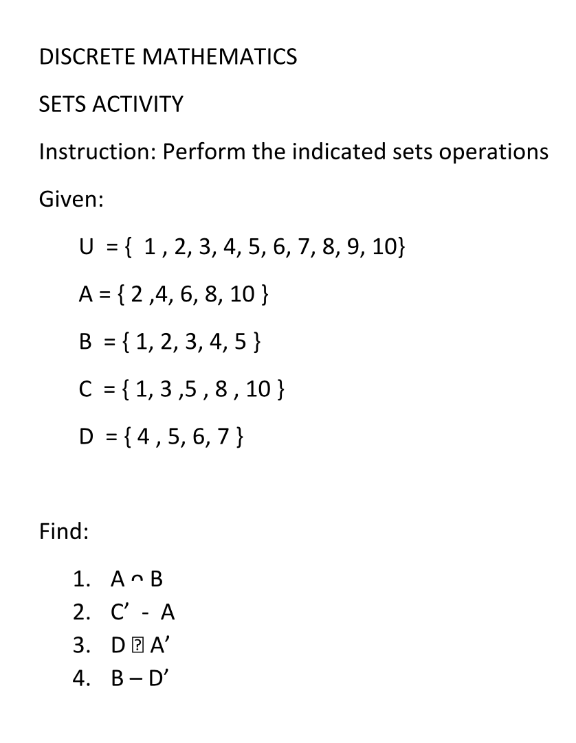 Solved discrete mathematics sets activity instruction chegg