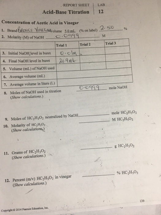 Solved REPORT SHEET LAB AcidBase Titration 12 Concentrat...