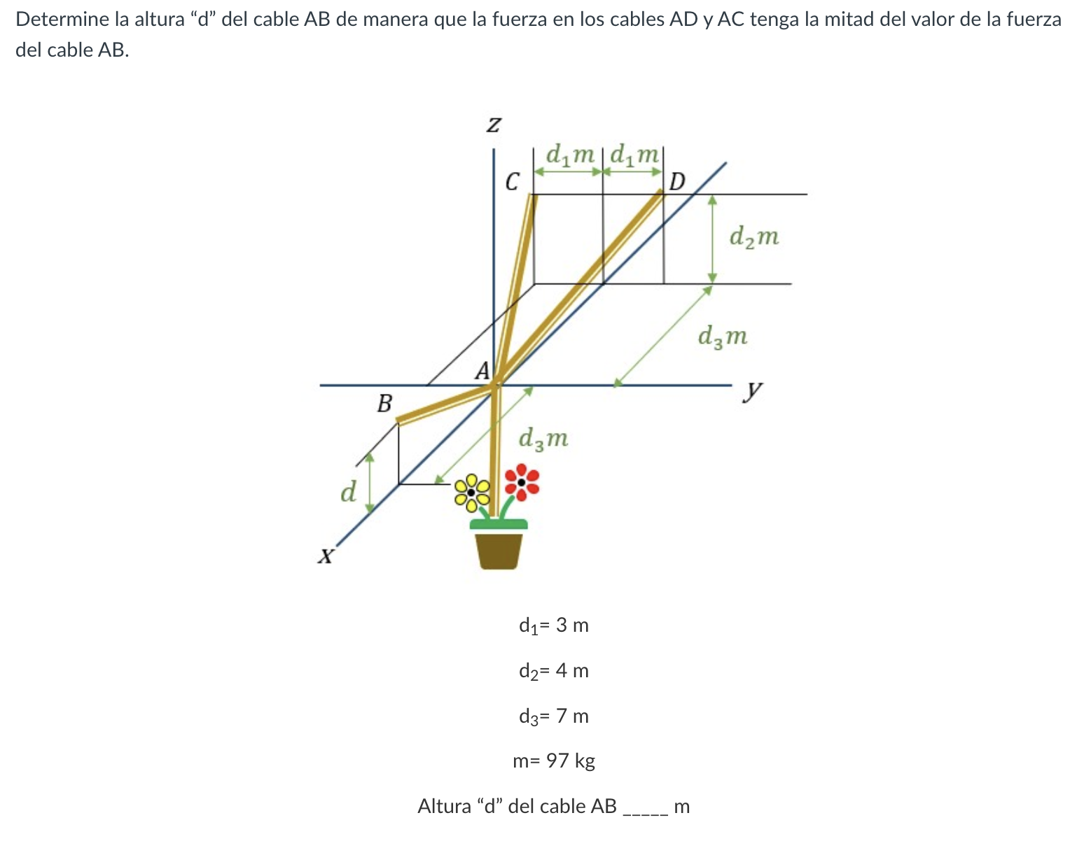Determine la altura d del cable AB de manera que la fuerza en los cables AD y AC tenga la mitad del valor de la fuerza del
