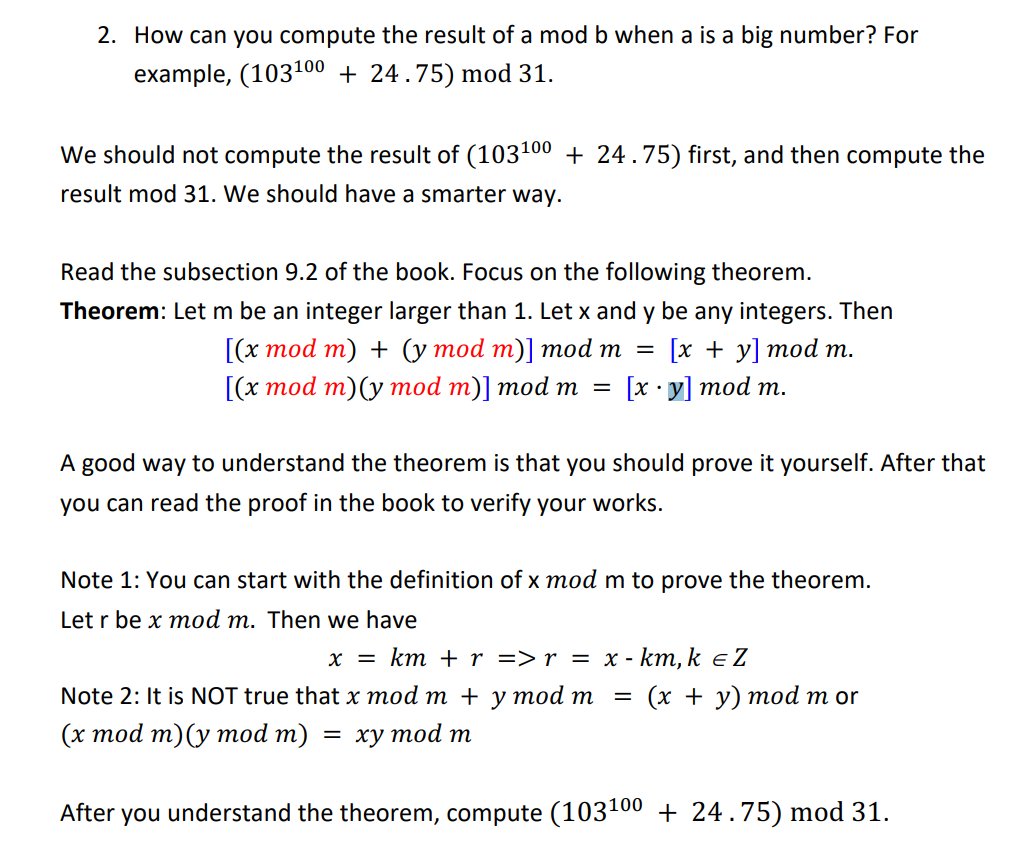 Solved 2. How can you compute the result of a mod b when a | Chegg.com
