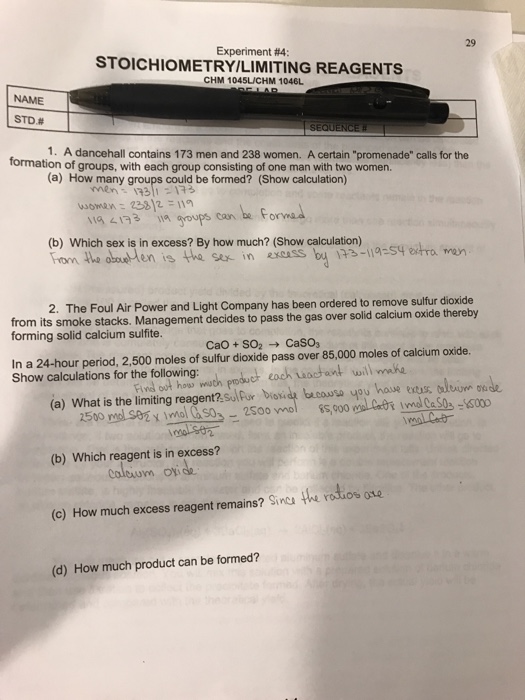 Solved 29 Experiment #4: STOICHIOMETRY/LIMITING REAGENTS CHM