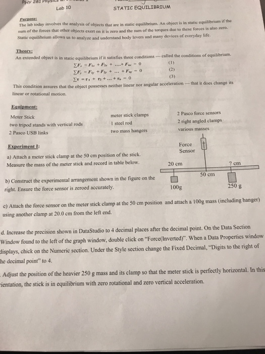 Solved 281 Phyg123 Lab 10 STATIC EQUILIBRIUM Purpose The lab | Chegg.com