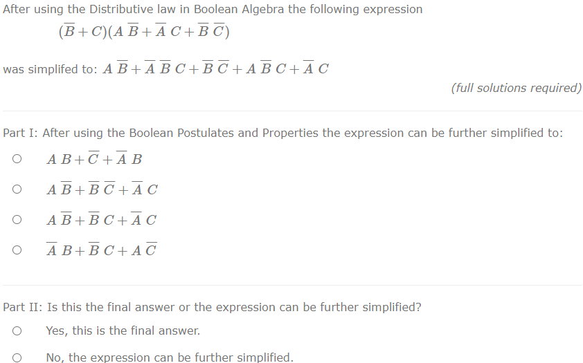 Solved After using the Distributive law in Boolean Algebra | Chegg.com