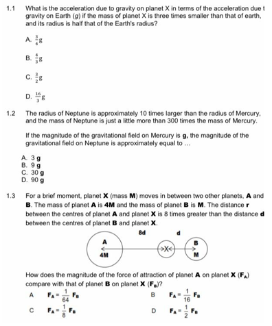 Solved 1.1 What is the acceleration due to gravity on planet | Chegg.com