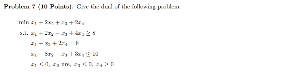 Solved Problem 7 (10 Points). Give the dual of the following | Chegg.com