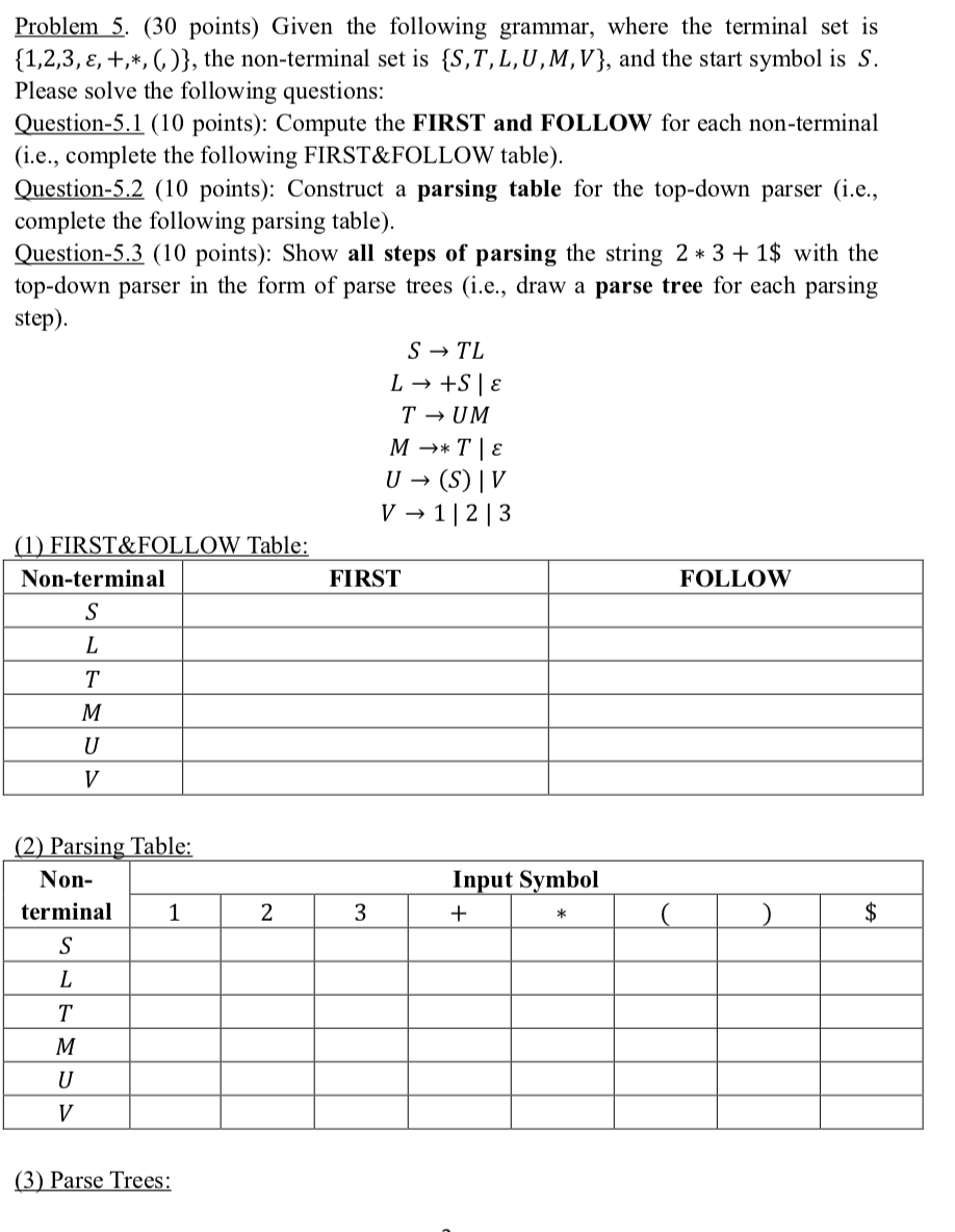 Solved Problem 5. (30 Points) Given The Following Grammar, | Chegg.com