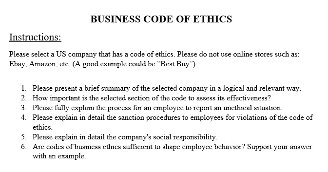 Can You Help With The Code Of Ethics Form A Company Chegg Com