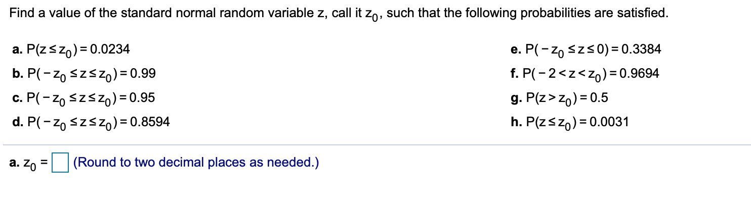 Solved Find A Value Of The Standard Normal Random Variabl Chegg Com