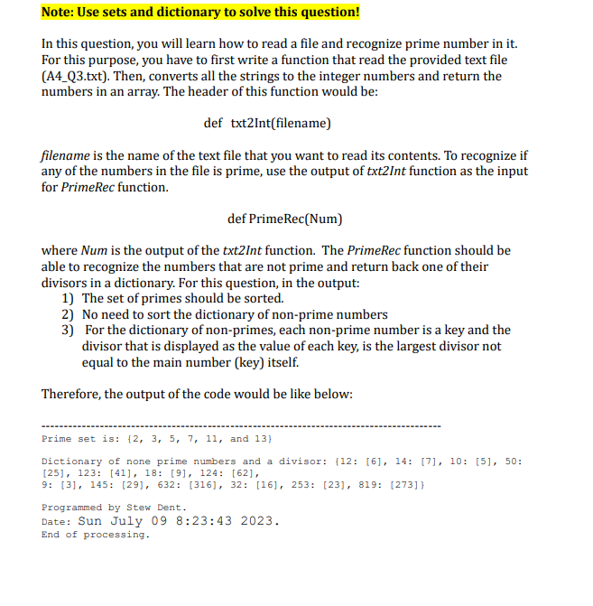 Solved Note: Use sets and dictionary to solve this question! | Chegg.com image.