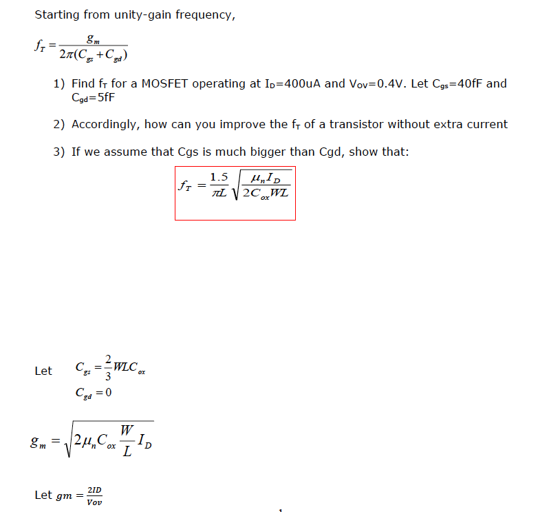 Solved Starting from unitygain frequency, fi 8m 27(CE+Cgd)