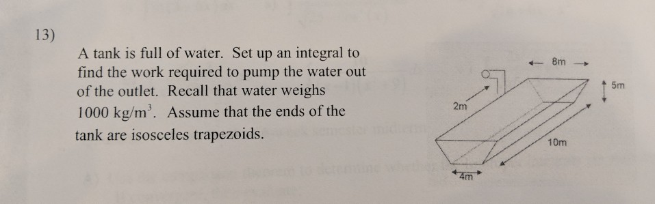 Work Integral Tank Example Problems Solved 13) A tank is full of water. Set up an integral to | Chegg.com
