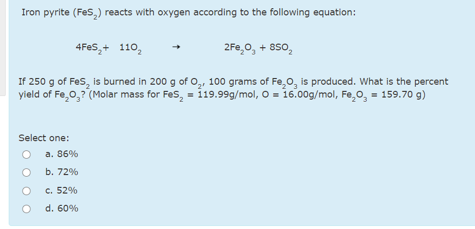 Solved Iron pyrite (FeS2) reacts with oxygen according to | Chegg.com