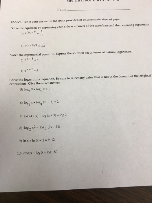 Solved Name ESSAY. Write your answer in the space provided | Chegg.com