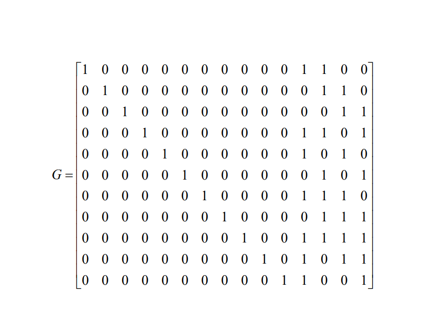 \( G=\left[\begin{array}{lllllllllllllll}1 & 0 & 0 & 0 & 0 & 0 & 0 & 0 & 0 & 0 & 0 & 1 & 1 & 0 & 0 \\ 0 & 1 & 0 & 0 & 0 & 0 &