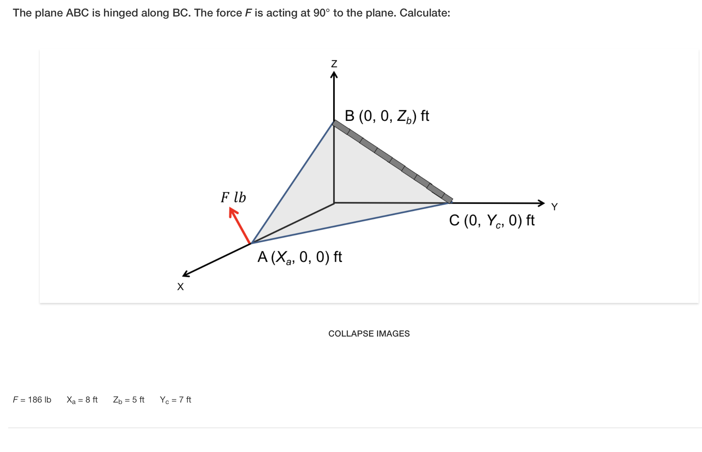 Solved The plane ABC is hinged along BC. The force F is | Chegg.com