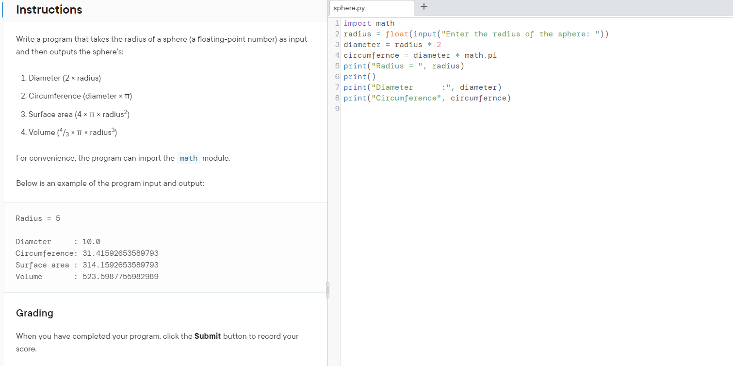 Solved Instructions sphere.py Write a program that takes the | Chegg.com