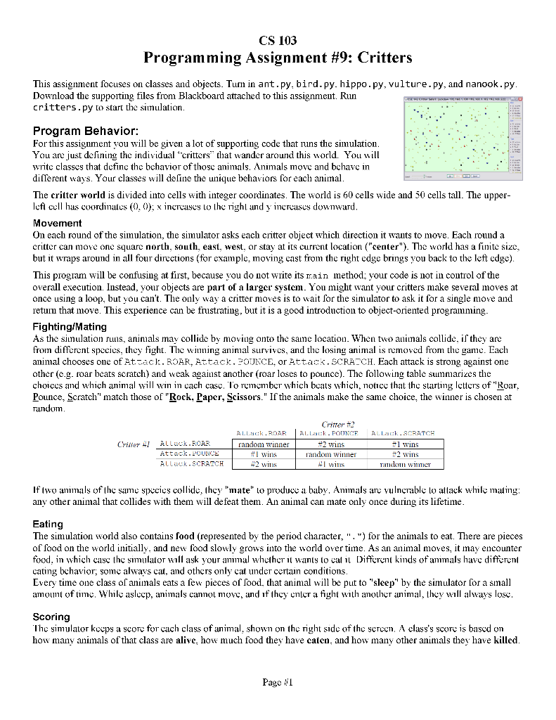 Cs 103 Programming Assignment 9 Critters This Chegg Com