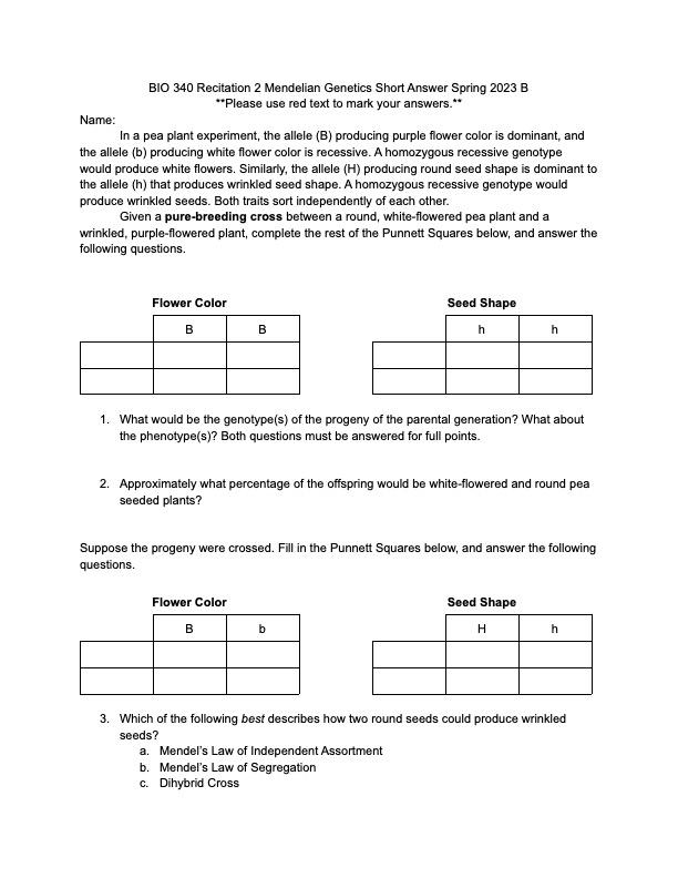 BIO 340 Recitation 2 Mendelian Genetics Short Answer | Chegg.com