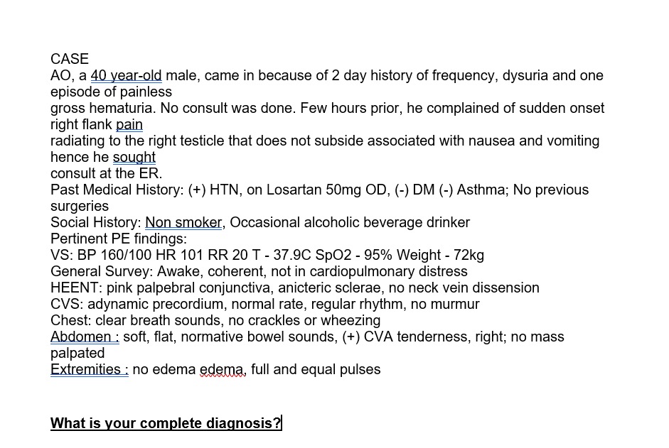 Solved CASE AO, a 40 year-old male, came in because of 2 day | Chegg.com