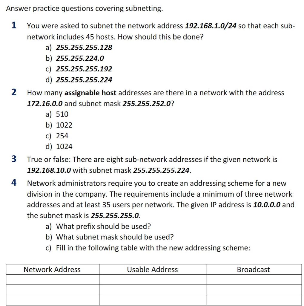 ip subnetting practice questions and answers