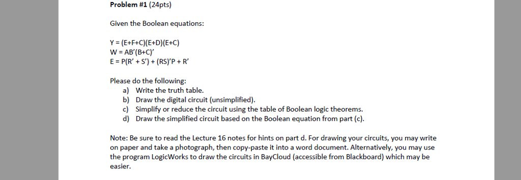 Solved Problem #1 (24pts) Given the Boolean equations Y | Chegg.com