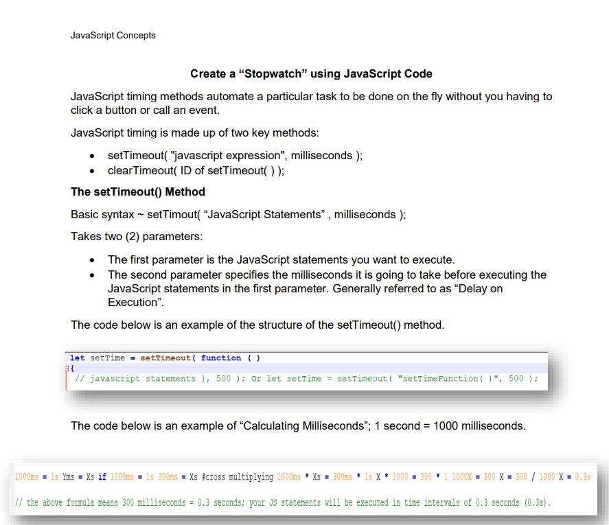 Solved JavaScript Concepts Create a "Stopwatch" using