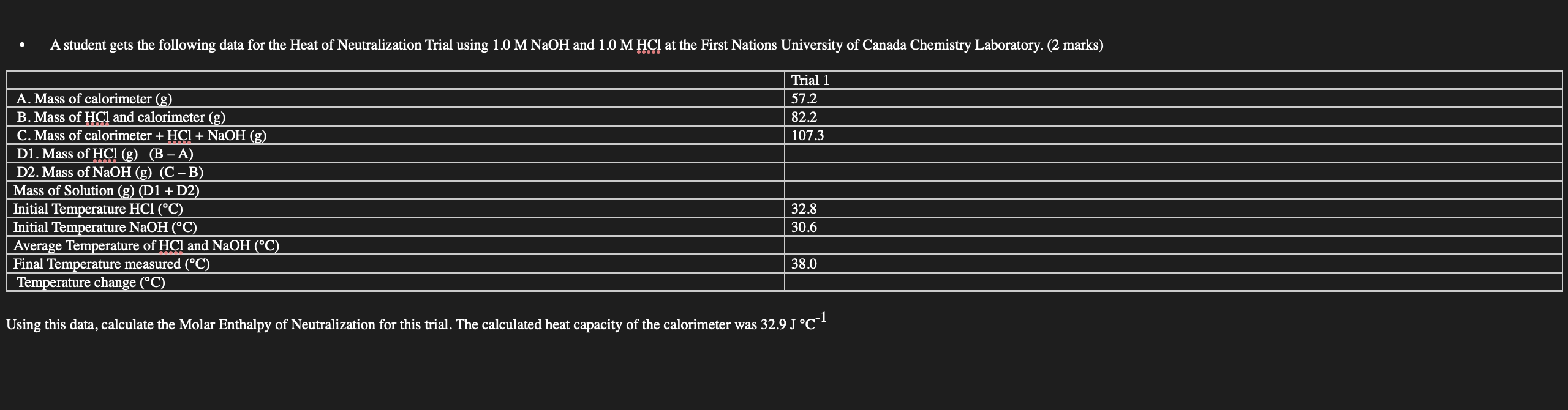 A student gets the following data for the Heat of Neutralization Trial using \( 1.0 \mathrm{M} \mathrm{NaOH} \) and \( 1.0 \m