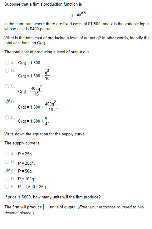 Solved Suppose that a firm's production function is 4 = | Chegg.com