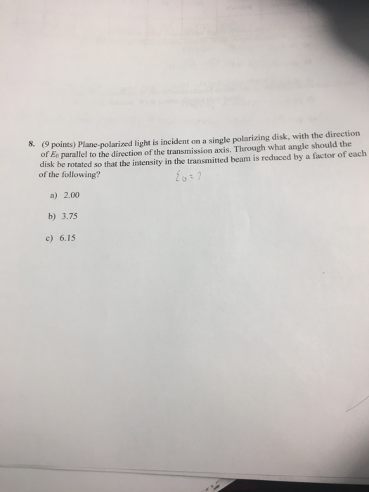 Solved 8. (9 points) Plane-polarized light is incident on a | Chegg.com