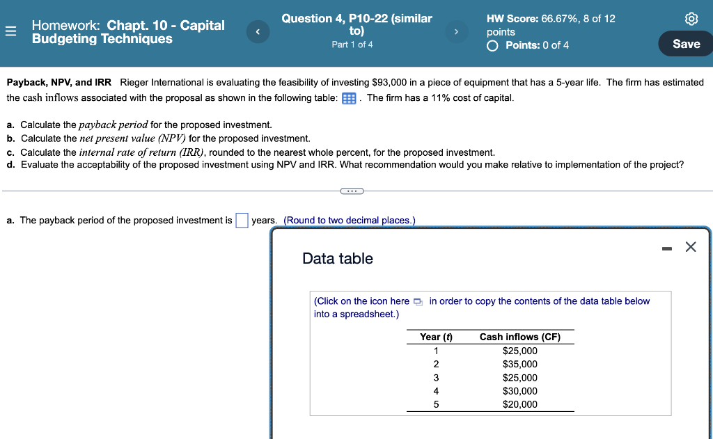 Solved = Homework: Chapt. 10 - Capital Budgeting Techniques | Chegg.com