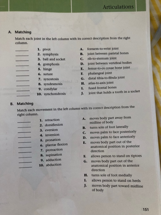 Solved Articulations A. Matching Match each joint in the