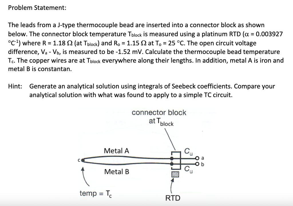 The leads from a J-type thermocouple bead are inserted into a connector block as shown below. The connector block temperature