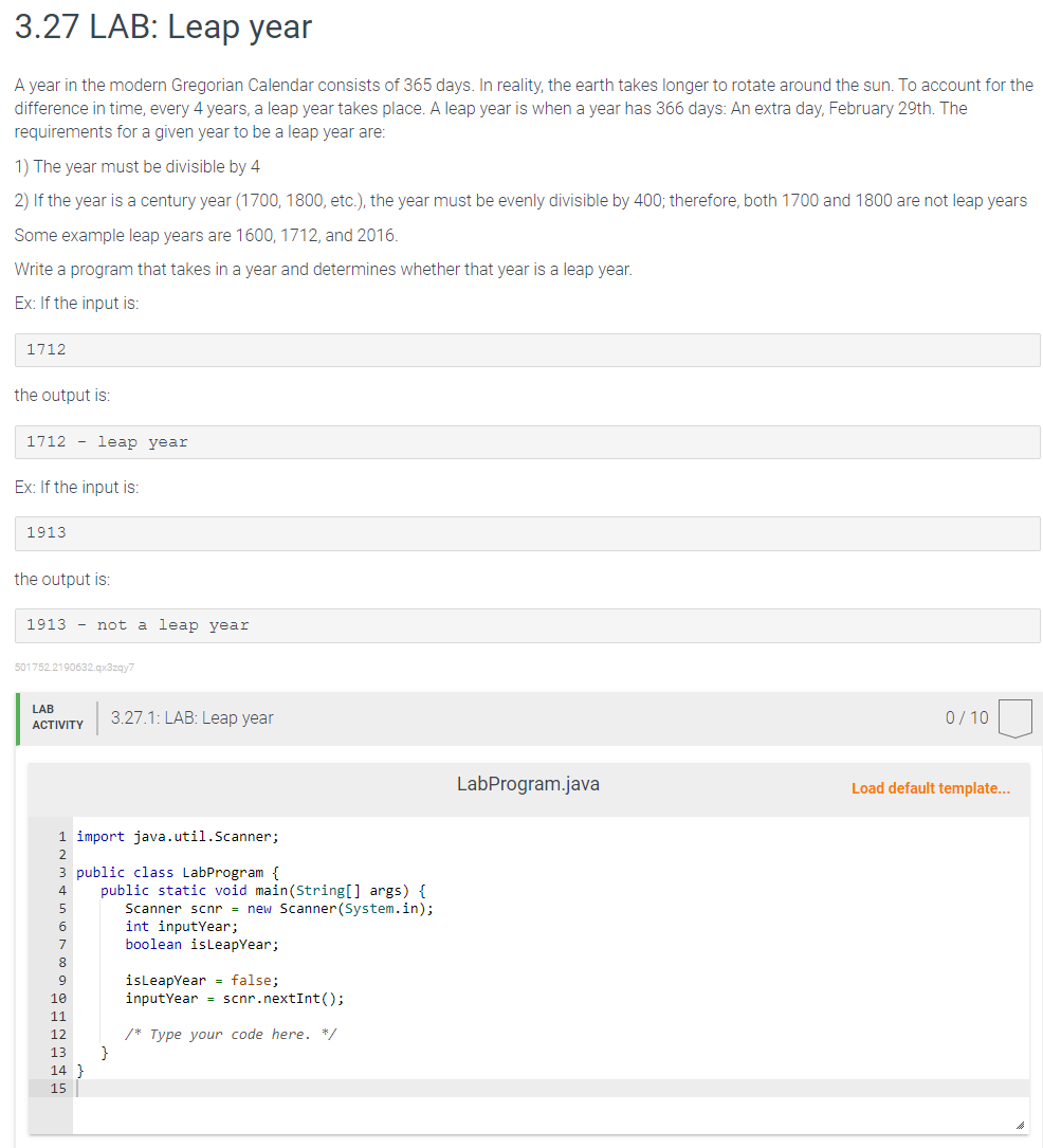 Solved In Java Please:3.27 LAB: Leap yearA year in the | Chegg.com