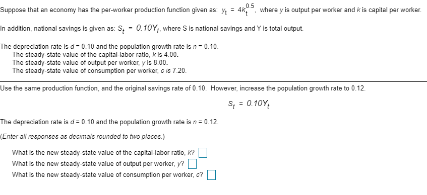 Solved Suppose that an economy has the per-worker production | Chegg.com