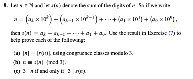 Solved Let n∈N and let s(n) denote the sum of the digits of | Chegg.com