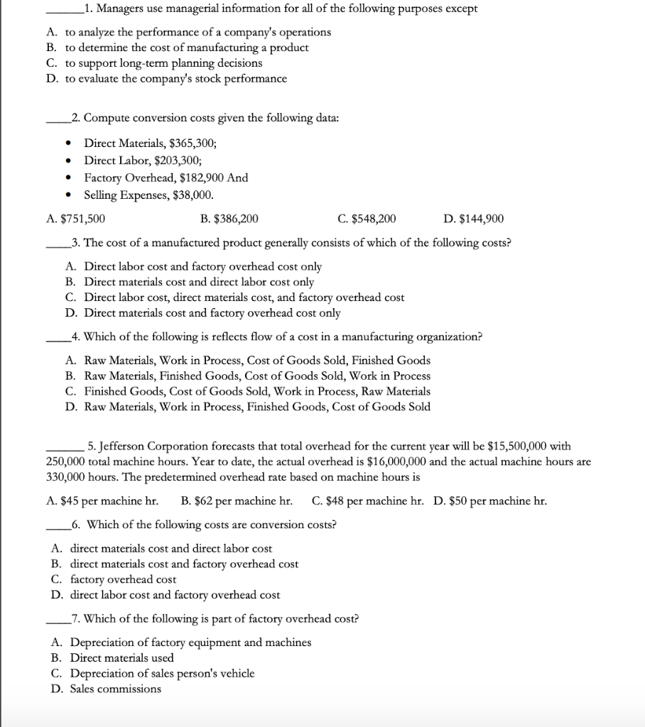 Solved 1. Managers use managerial information for all of the | Chegg.com