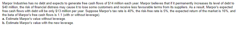 Solved Marpor Industries has no debt and expects to generate | Chegg.com